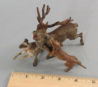 Antique Miniature Painted Austrian Bronze,  Grouping Hunting Dogs & Elk Statue Nr