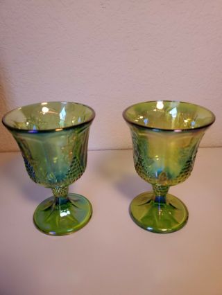 Set Of 2 Vintage Green Iridescent Carnival Glass Goblets Harvest Grape Indiana