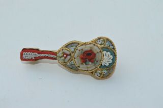 Vintage Micro Mosaic Tile Gold Tone Floral Guitar Brooch Pin