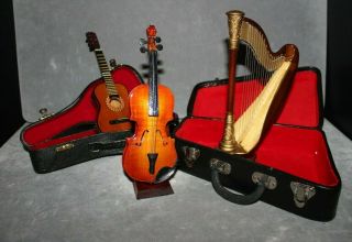 Vtg Dollhouse Furniture Guitar,  Harp,  & Cello Musical Wooden Instruments W Cases
