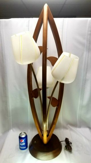 Large Mcm Mid Century Modern Teak Wood Glass Tulips Lamp With Sticker