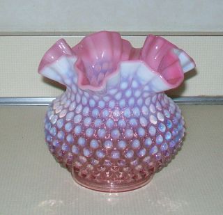 Vintage Fenton Hobnail Cranberry Opalescent Glass Ruffled Edge Bowl Vase