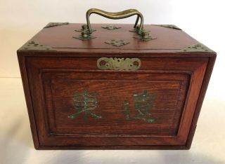 Antique 144 Bone Bamboo Tile Mahjong Set In Wood Case & Trinket Box W/match Box