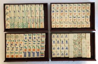 Antique 144 Bone Bamboo Tile Mahjong Set in Wood Case & Trinket Box w/Match Box 3
