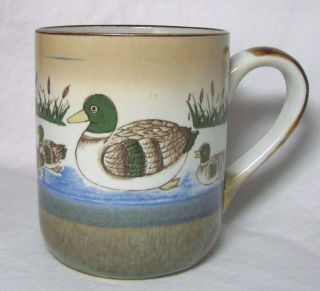 Vintage Otagiri Mallard Duck Coffee Mug Cup Stoneware Pottery Family Ducklings