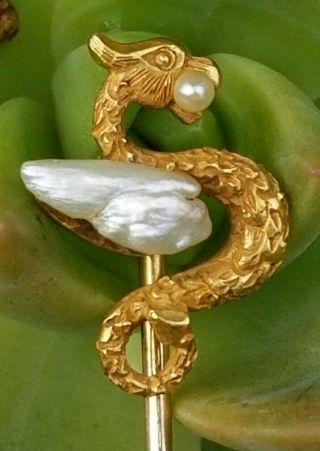 Antique Art Nouveau 14k Gold Pearl Griffin Stick Pin - Dragon Jewelry - Estate