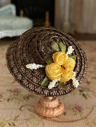 Vintage Miniature Dollhouse Artisan Made Victorian Summer Straw Hat Brown Yellow