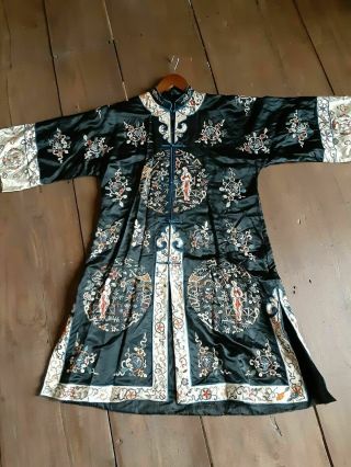 Vintage Chinese Silk Robe Jacket Hand Embroidered Asian Dress Forbidden Stitches
