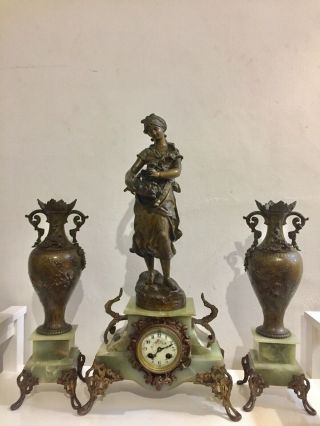 French Onyx And Spelter Clock Set Garniture C1900