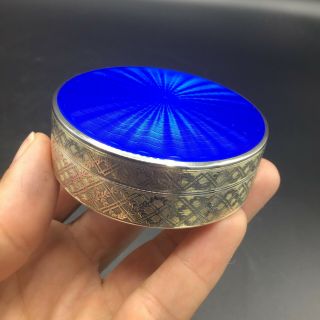Antique Sterling Silver And Cobalt Blue Enamel Guilloche Pill Box