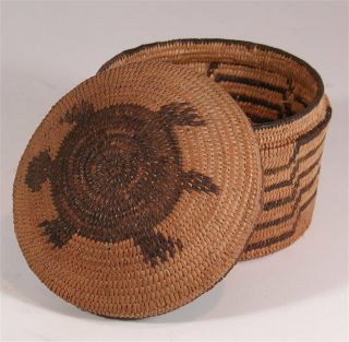 1910s Native American Pima Indian Hand Woven Covered Basket With Turtle On Lid