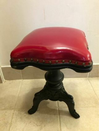 Antique Piano Organ Bench Seat Stool Swivel Adjustable Height Red And Black