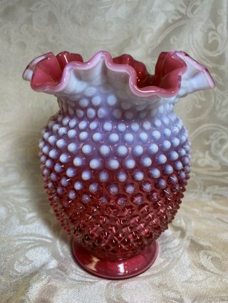 Vintage Fenton Glass Cranberry Opalescent Hobnail 8 " Ruffled Vase