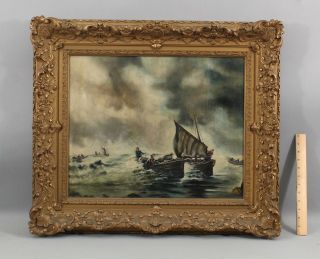 Antique American Maritime Seascape O/c Oil Painting,  Fishermen Fishing Boats