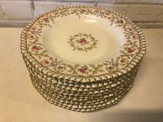 Antique Set Of 12 Josiah Wedgwood Plates W/ Gold Floral & Ribbon Decoration