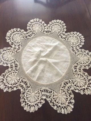 Vintage Large Doilie Crochet Table Doily 27 " Off White Linen Lace