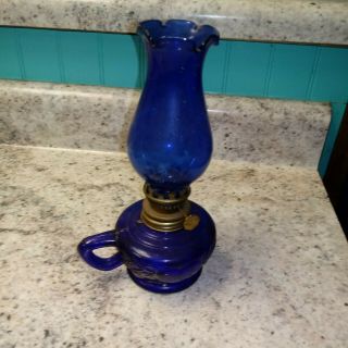 Antique Vintage Cobalt Blue Glass Miniature Oil Lamp Hurricane Lantern Light Wic