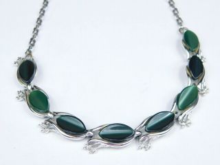 Vintage Dark Green Opalescent Moon Glow Thermoset Lucite Silver Tone Necklace