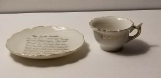 Vintage Miniature Tea Cup and Saucer THE LORD ' S PRAYER Gold Accents Mini Set 2