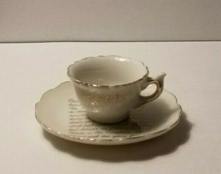 Vintage Miniature Tea Cup and Saucer THE LORD ' S PRAYER Gold Accents Mini Set 3