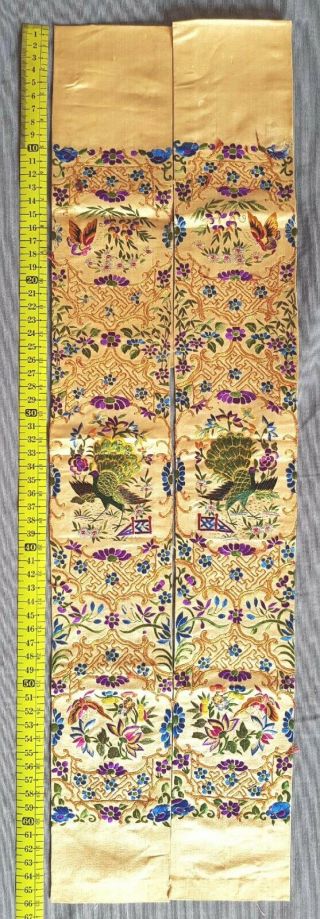 ANTIQUE CHINESE SILK PEACOCK EMBROIDERED PANEL 66 X 18 CM. 2