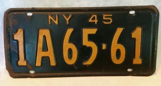 Vintage 1945 York State License Plate Black Ny