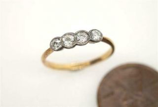 Pretty Antique English 18k Gold & Platinum Diamond 4 Stone Ring C1920