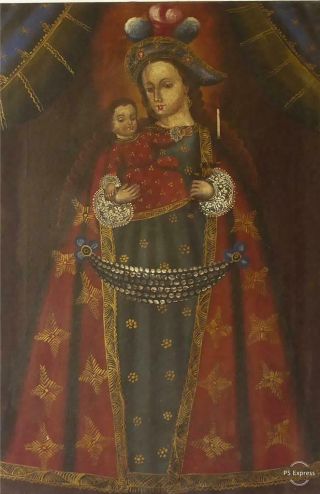 Large Antique 19th Century Peruvian Cusco Oil Painting Of Madonna And Child