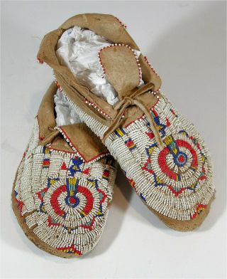 1920s Pair Native American Cheyenne Indian Bead Decorated Hide Moccasins Beaded