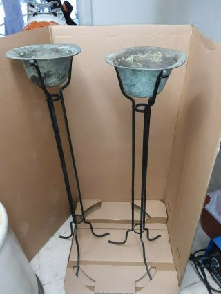 Vintage Arts And Crafts Wrought Iron Plant Stands,  With Copper Pots