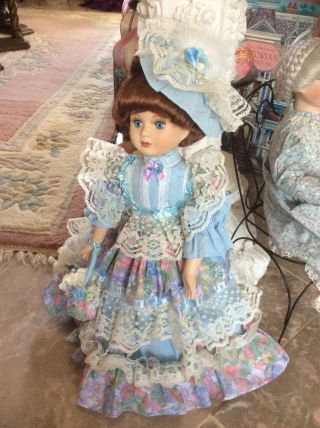 Vintage Dynasty 16 " Porcelain Doll W/blue Dress & Hat,  Blue Eyes,  Long Eyelashes
