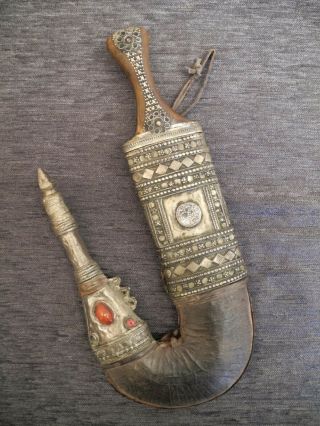 Antique Yemeni Dagger Jambiya Khanjar India Buffalo Horn Silver Gold Ruby 1916