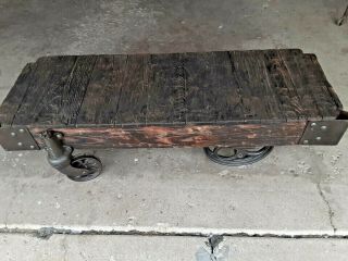 Vintage Industrial Factory Cart Cast Iron Wheels Early Mcm 51x18x14.  5 " High