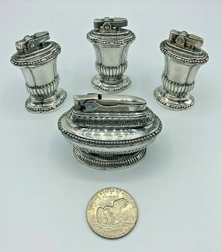 (4) Vintage Ronson Silver Plated Table Lighters Mayfair Queen Anne Good Shape