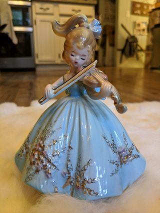Vintage Josef Originals Girl With Violin Figurine Music Box - Plays Facination