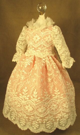 Vintage Doll Dress For 17 " - 18 " Bisque Doll - Ivory Lace Over Pink