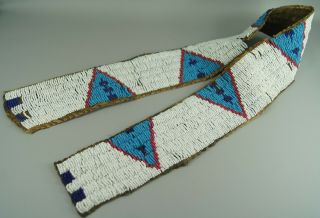 Fine Antique 19c Plains Native American Indian Beadwork Hide Strip Dr Black Coll