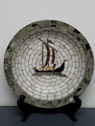 Vintage Heide Mosaic Tile Viking Ship Plate Made In Denmark 9 7/8 " Diameter