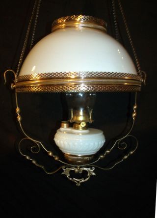 Antique Miller Hanging Oil Lamp (milkglass Shade,  Font & Smokebell)