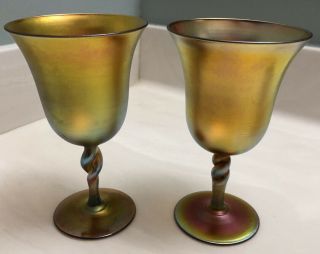 Antique Steuben Aurene Iridescent Rope Twist Stem Wine Glasses - Set Of 2