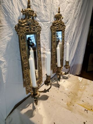 Pr.  Antique,  Victorian,  Fish Motif,  Brass Candle Sconces W/beveled Mirror.