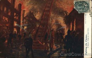 Oilette " Fighting The Flames " - A Great Fire In The City Tuck Postcard Vintage