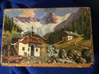 Vintage Austria Wooden Reuge Music Box Swiss Made Hand Painted Chalet Scene