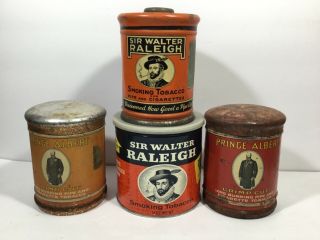 4 Vintage Tobacco Tins – Sir Walter Raleigh & Prince Albert Round