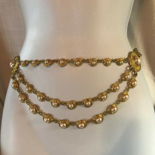 Vtg Gold Tone Chain And Faux Pearl Multi Strand Belt Marked Korea