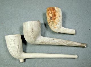 3 Antique Irish Clay Pipes 2 Complete,  1 Dug W Harps,  1 Marked Mckernan Derry