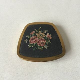 Vintage Powder Compact Floral Petit Point Embroidery Gold Colour Metal Base