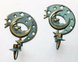 Vintage Set 2 Partylite Brass Celestial Moon And Stars Wall Candle Holder Sconce