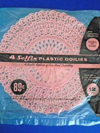 4 Vintage Plastic Doilies Pink 12 " In Package Selfix Usa Star Center