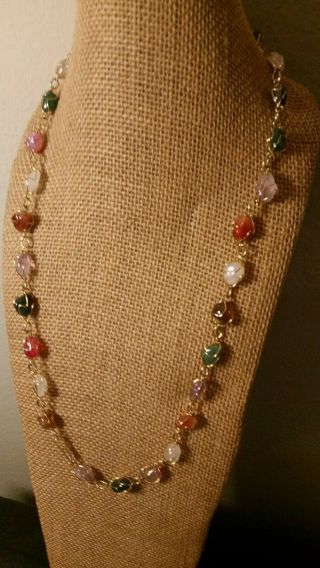 Vintage Gold Tone Wire Wrapped Colorful Semi Precious Stone Necklace 22 " Long